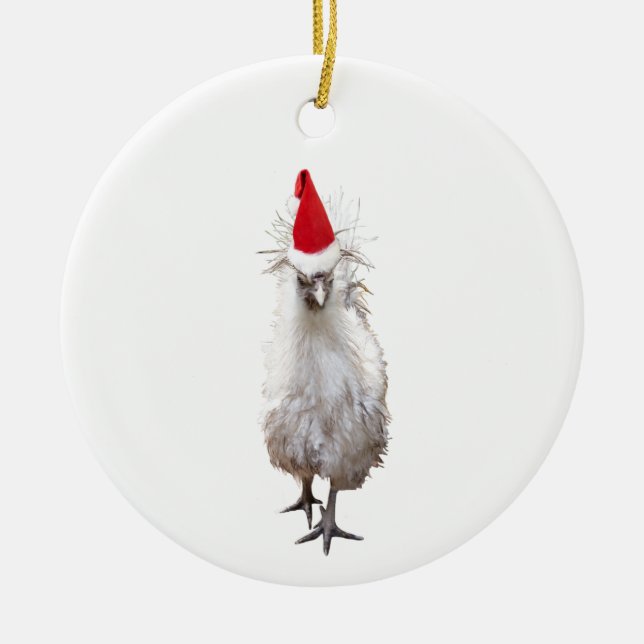 Cranky Silkie Bantam Chicken Santa Hat jul Julgransprydnad Keramik (Framsidan)