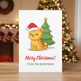 Cranky Tabby Cat Red Hat Christmas Tree Julkort