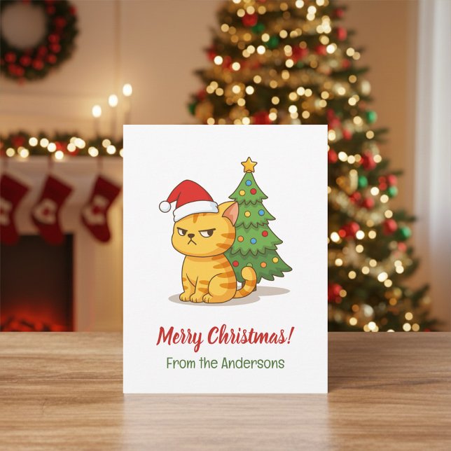 Cranky Tabby Cat Red Hat Christmas Tree Vykort (Skapare uppladdad)