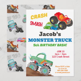 Crash Smash Monster Lastbil Birthday Bash Watercol Inbjudningar