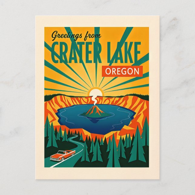 Crater Lake OR Retro Whimsical Konst Färg Vykort (Framsida)
