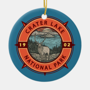 Crater Sjö nationalpark Elk Retro Compass Emblem Julgransprydnad Keramik