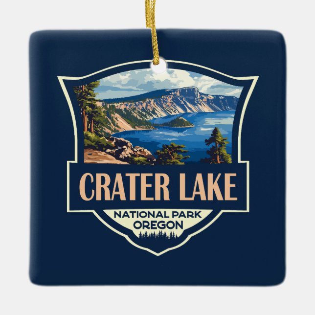 Crater Sjö nationalpark Illustration Retro Badge Julgransprydnad Keramik (Framsida)