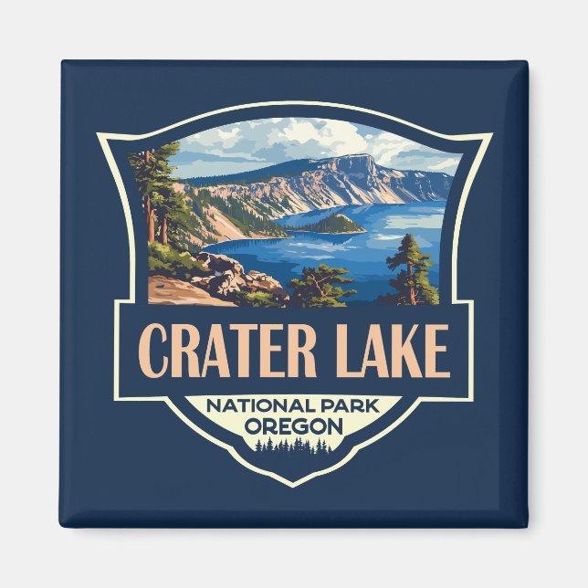 Crater Sjö nationalpark Illustration Retro Badge Magnet (Framsidan)
