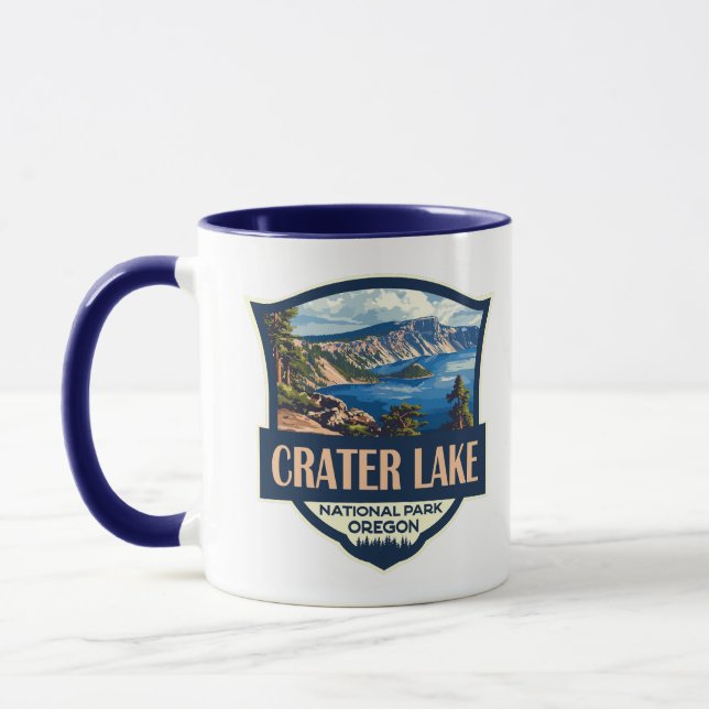 Crater Sjö nationalpark Illustration Retro Badge Mugg (Vänster)