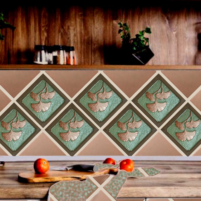 Crateur Gingko Löv Ceramic Tile Kakelplatta (Gingko tile shown on a kitchen backsplash installed diagonally.)