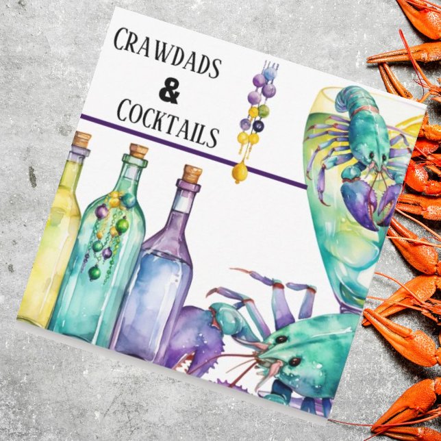 Crawdads Cocktails och Mardi Gras Party Inbjudningar (Beads and crawdads seafood boil party invitations you customize. )