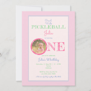Crawl Walk Pickleball Theme Rosa Mint 1:a födelsed Inbjudningar