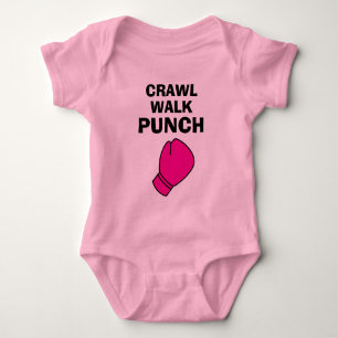 Crawl Walk Punch rosa boxningshandske baby bodysui T Shirt