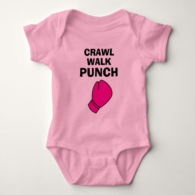 Crawl Walk Punch rosa boxningshandske baby bodysui T Shirt (Framsida)