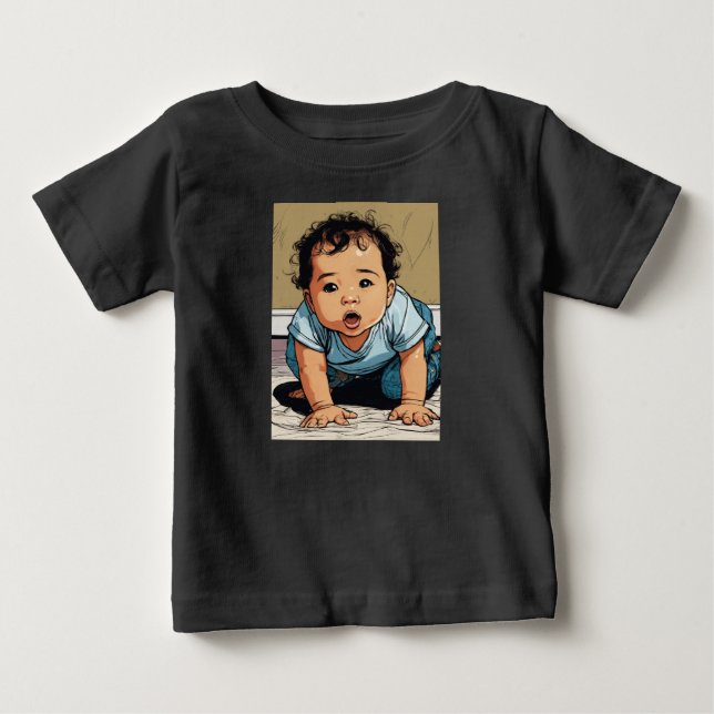 Crawling Småbarn i Diaper - Tecknad Stil Illustrat T Shirt (Framsida)