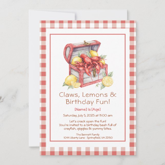 Crayfish & Lemon Treasure Chest Birthday Inbjudningar (Framsida)