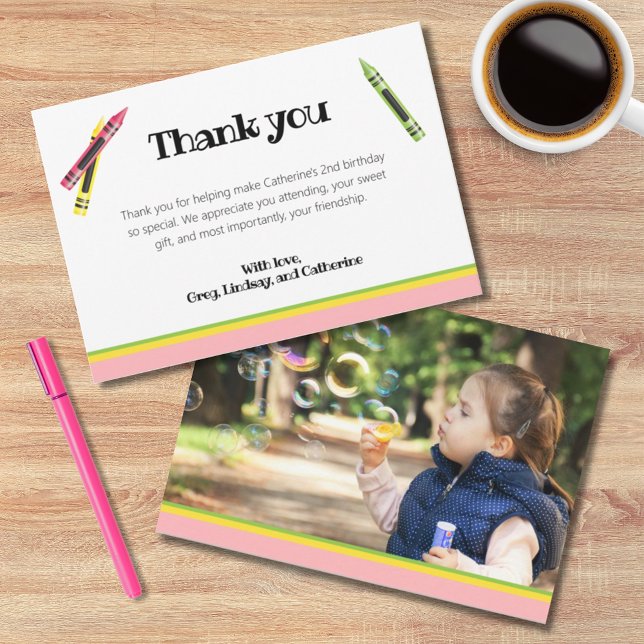 Crayon Kids 2-års födelsedag Rosa Foto Tack Kort (Skapare uppladdad)