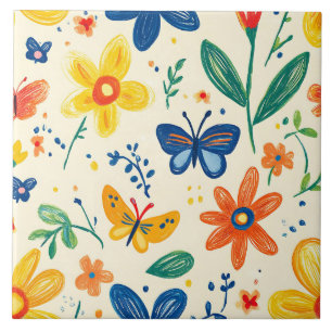 Crayon- och Butterfly Flowers Kakelplatta