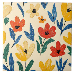 Crayon- och Butterfly Flowers Kakelplatta