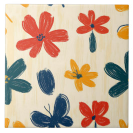 Crayon- och Butterfly Flowers Kakelplatta