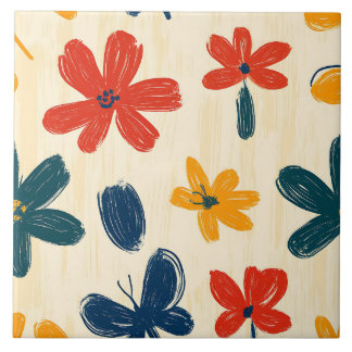 Crayon- och Butterfly Flowers Kakelplatta