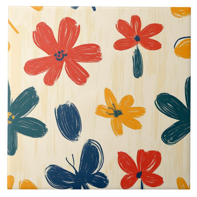 Crayon- och Butterfly Flowers Kakelplatta (Framsidan)