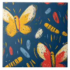 Crayon- och Butterfly Flowers Kakelplatta