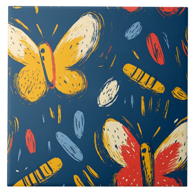 Crayon- och Butterfly Flowers Kakelplatta (Framsidan)