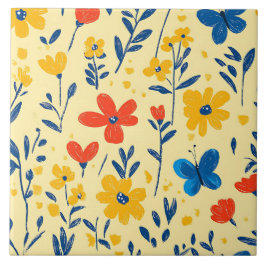 Crayon- och Butterfly Flowers Kakelplatta