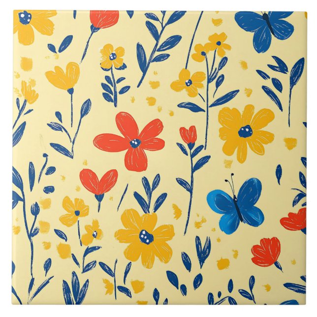 Crayon- och Butterfly Flowers Kakelplatta (Framsidan)