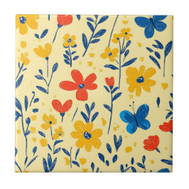 Crayon- och Butterfly Flowers Kakelplatta