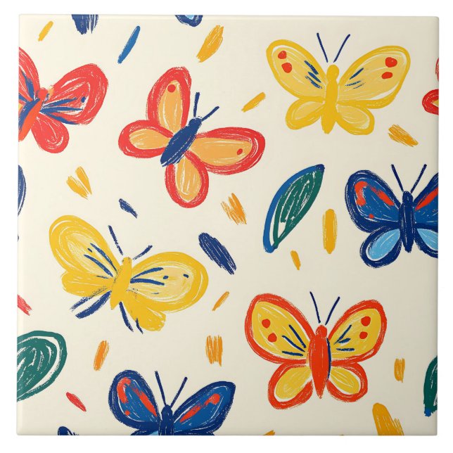 Crayon- och Butterfly Flowers Kakelplatta (Framsidan)