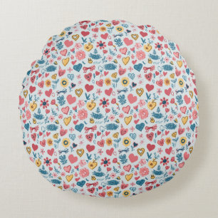 Crayon Pastel Heart & Flowers Rund Kudde
