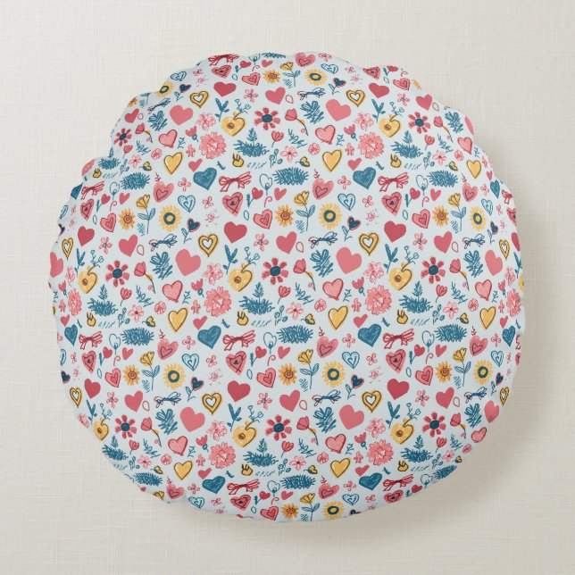 Crayon Pastel Heart & Flowers Rund Kudde (Framsidan)