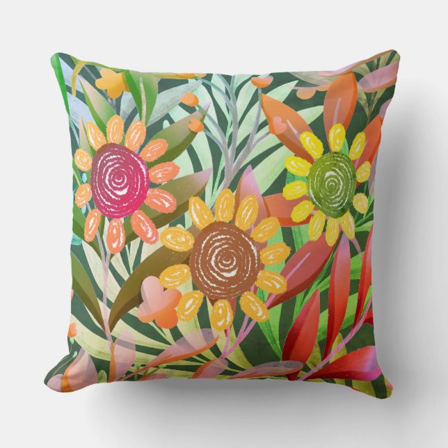 Crayon Sunblommor Colorful Greenery Kudde (Framsida)