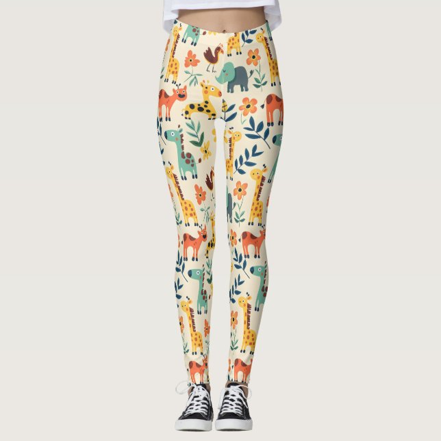 Crazy Animals Colorful Mönster Leggings (Framsida)