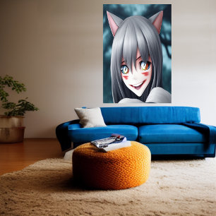 Crazy animed cat girl   AI Art Poster