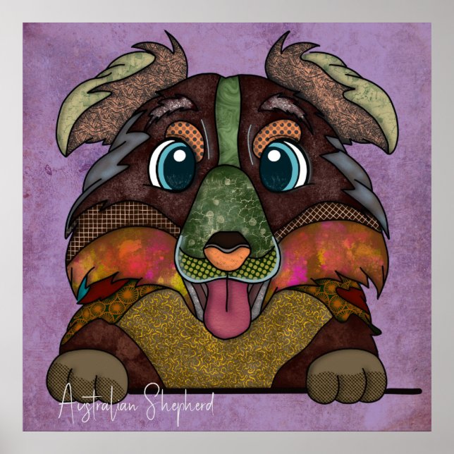 Crazy Australian shepherd hund ansikte handmålad Poster (Framsidan)