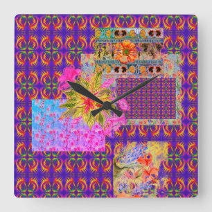 Crazy Blommigt Patchwork Colorful Lila All-over Fyrkantig Klocka