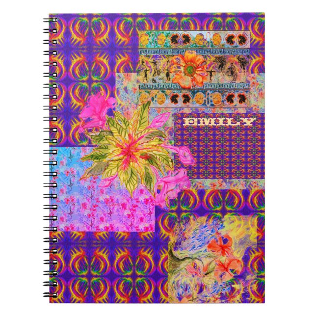Crazy Blommigt Patchwork Colorful Lila Anteckningsbok (Framsidan)