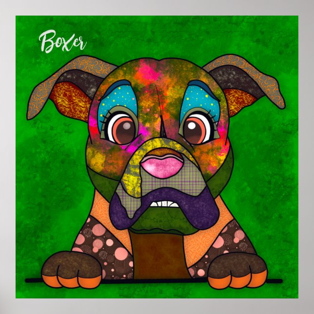 Crazy Boxer hund handmålad Poster av ansikte (Framsidan)