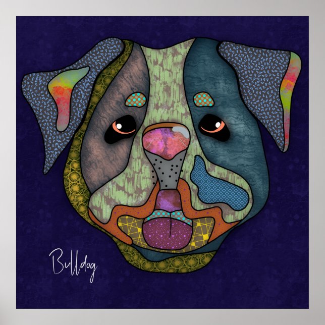 Crazy Bulldog hund ansikte handmålad Poster (Framsidan)
