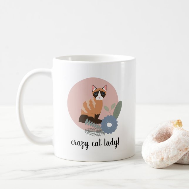 Crazy Cat Dam Blommigt Cat Illustration Kaffemugg (Med munk)