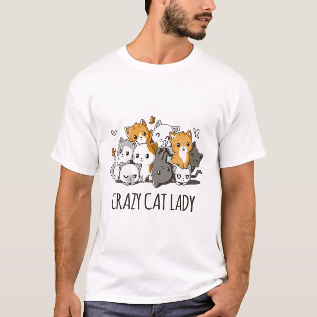 Crazy Cat Dam Cute Anime Kattunge T Shirt (Framsida)