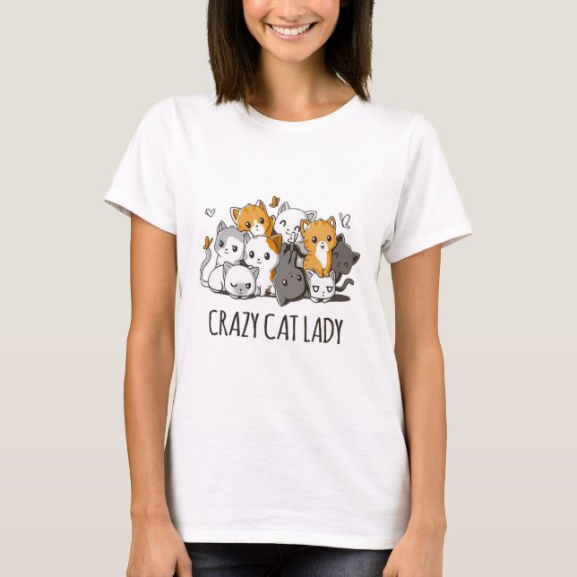 Crazy Cat Dam Cute Anime Kattunge T Shirt (Framsida)
