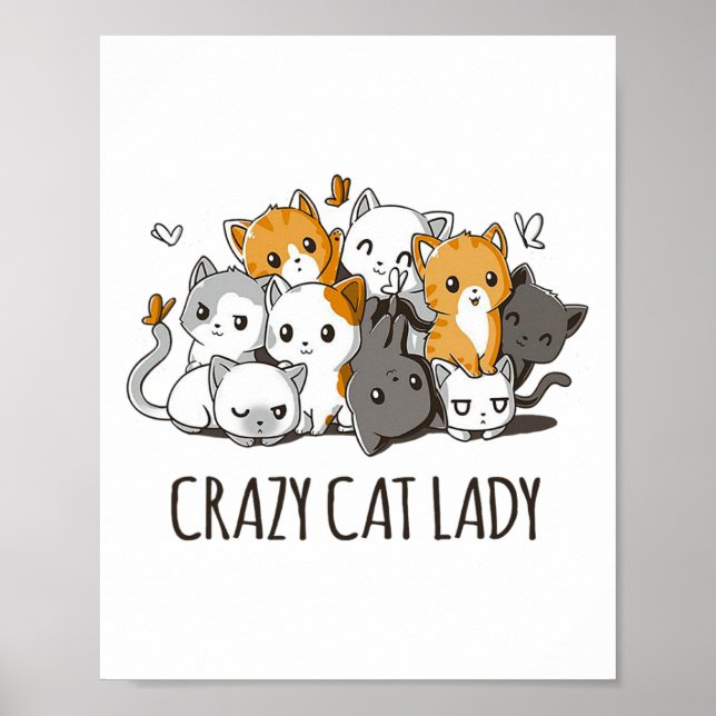 Crazy Cat Dam Cute Anime Kattunge T Shirt Poster (Framsidan)