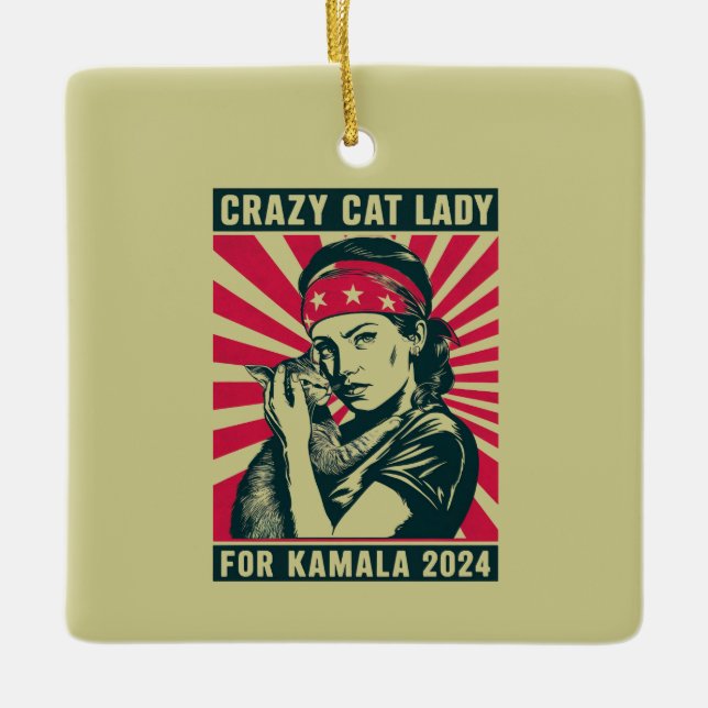 Crazy Cat Dam för Kamala 2024 Julgransprydnad Keramik (Framsida)