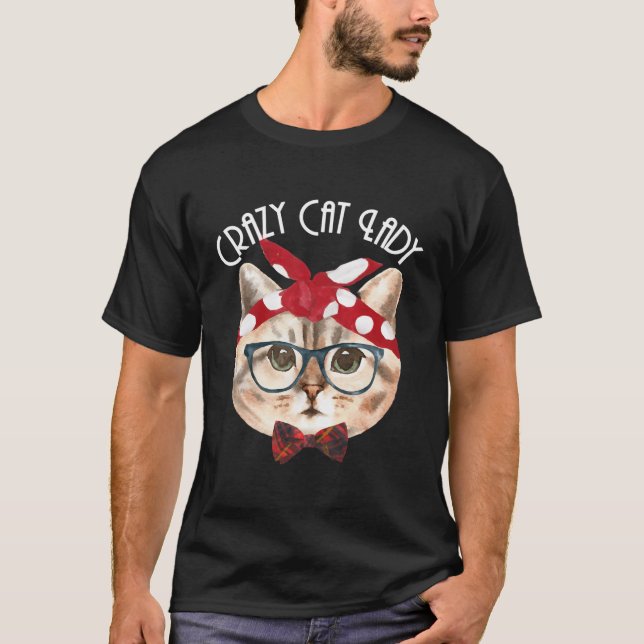 Crazy Cat Dam Kitten Älskare, Nerd med Bandann T Shirt (Framsida)