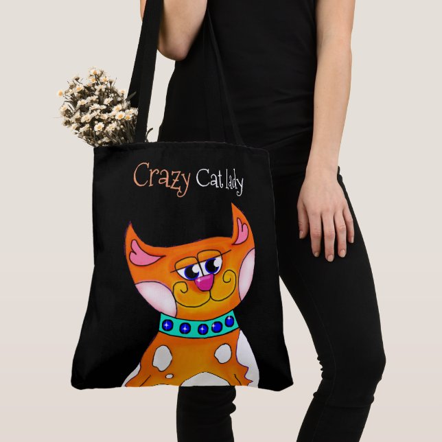 Crazy Cat Dam Tecknad Cat Tote Bag Tygkasse (Närbild)
