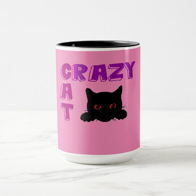 'CRAZY CAT'-kaffe mugg i svart och rosa. (Center)