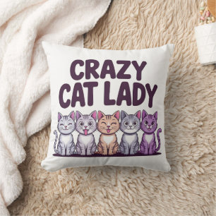 Crazy Cat Lady Rolig Söt Lila Katt Tecknad Kast Kudde