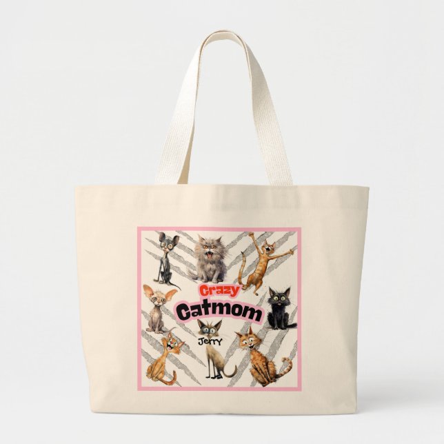 Crazy Cat Mamma med Personlig Namn Jumbo Tygkasse (Framsidan)