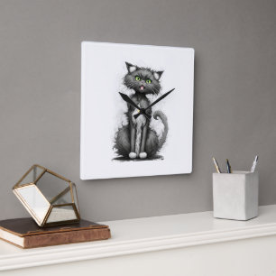 Crazy Cat On White Fyrkantig Klocka