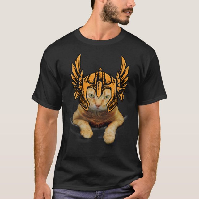 Crazy Cat Viking Thor Cat med Hammer T Shirt (Framsida)